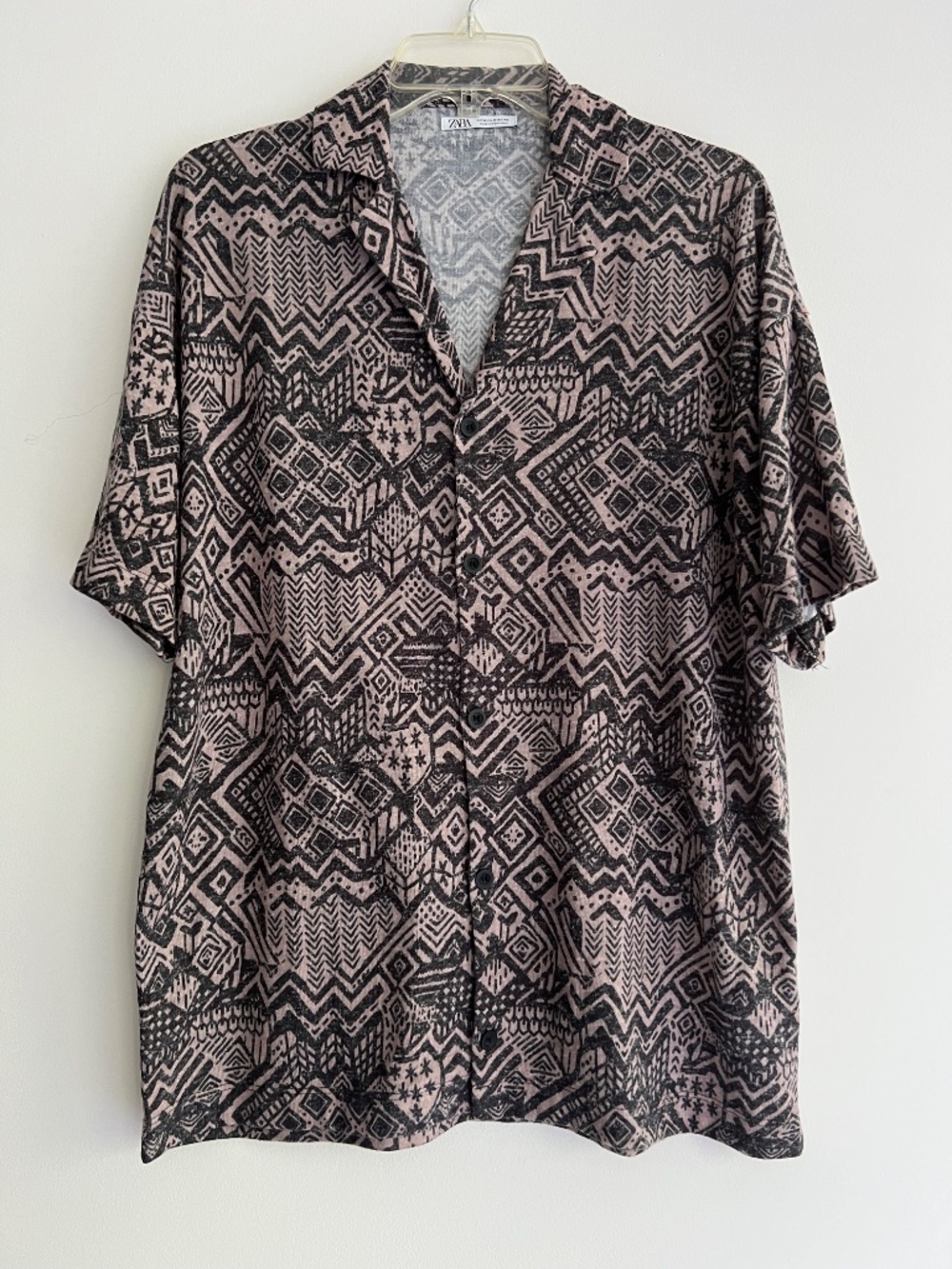 Zara Men Geometric Pattern Dark Gray/Tan Short Sleeve Shirt Relaxed Fit Size M
